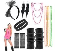 Tikplus Déguisement des années 80, 13 pièces pour femme avec collier, gants en résille, jambières, boucles d'oreilles, bandeau, costume arc-en-ciel pour tenue rétro, déguisement (noir)