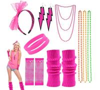 Tikplus Déguisement des années 80, 13 pièces pour femme avec collier, gants en résille, jambières, boucles d'oreilles, bandeau, costume arc-en-ciel pour tenue rétro, déguisement (rosenrot)