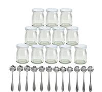 Tikwisdom - 12 pots de yaourt en verre, de 100 ml, avec couvercles et 12 cuillères à dessert en forme de fleur
