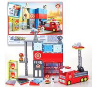 Tile Town Caserne de pompier + camion de pompiers - Ensemble de jeu et véhicule avec lumières et sons + figurines, pour enfants de 3 à 5 ans et plus, nouvelles tuiles d'action pour jeu d'action, jouet