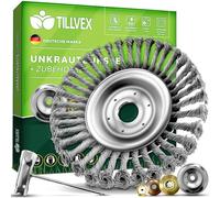 tillvex® Brosse désherbante professionnelle pour débroussailleuse, design 2024, avec alésage de 25,4 et 20 mm, brosse métallique pour un désherbage efficace, avec les accessoires de montage.