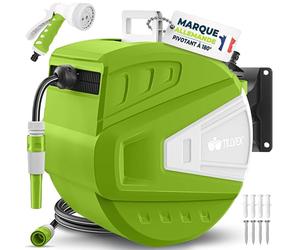 tillvex Enrouleur de Tuyau d'arrosage pour Jardin 15+2m avec support mural + poignée | Dévidoir pour tuyau avec pistolet à eau et tuyau d'arrosage | Pivotant à 180° (Vert)