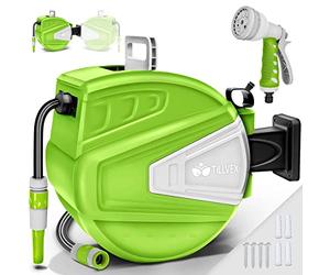 tillvex Enrouleur de Tuyau d'arrosage pour Jardin 20+2m avec support mural + poignée | Dévidoir pour tuyau avec pistolet à eau et tuyau d'arrosage | Pivotant à 180° (Vert)