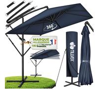 tillvex® Parasol déporté Ø 330cm Bleu + Housse de Protection & contre le vent | manivelle et support | Parasol de jardin UV 50+