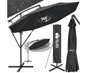 tillvex Parasol déporté hexagonale 3M50 avec manivelle, couverture & paravent | Pare-soleil avec pied | Protection UV en aluminium pour le jardin | Parasol à manivelle pour le marché déperlant