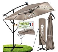 tillvex® Parasol déporté LED Ø 330cm Cappuccino + Housse de Protection & contre le vent | manivelle et support | Parasol de jardin