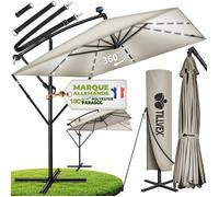 tillvex® Parasol déporté LED Ø 330cm Taupe + Housse de Protection & contre le vent | manivelle et support | Parasol de jardin UV 50+