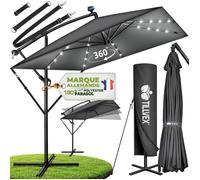tillvex® Parasol déporté LED Ø 330cm Anthracite + Housse de Protection & contre le vent | manivelle et support | Parasol de jardin