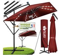 tillvex® Parasol déporté LED Ø 330cm Rouge + Housse de Protection & contre le vent | manivelle et support | Parasol de jardin UV 50+