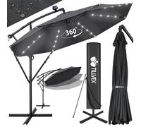 Tillvex Parasol déporté LED solaire hexagonale 3M50 avec manivelle, couverture & paravent, Pare-soleil avec pied, Anthracite