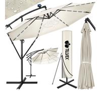 Tillvex Parasol déporté LED solaire hexagonale 3M50 avec manivelle, couverture & paravent, Pare-soleil avec pied, Beige