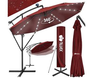 tillvex Parasol déporté LED solaire hexagonale 3M50 + manivelle, couverture, paravent | Pare-soleil avec pied | Protection UV en aluminium pour le jardin | Parasol à manivelle pour le marché déperlant