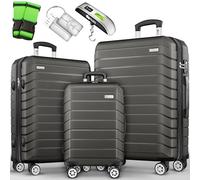 tillvex® Set de 3 Valises de Voyage + Balance, 6 Sangles à Bagages et 3 étiquettes à Bagages | Lot de valises avec roulettes et TSA Lock | Sacs de Voyage à Coque Rigide M-L-XL (Gris/Anthracite)