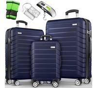 tillvex® Set de 3 Valises de Voyage + Balance, 6 Sangles à Bagages et 3 étiquettes à Bagages | Lot de valises avec roulettes et TSA Lock | Sacs de Voyage à Coque Rigide M-L-XL (Bleu Marine)