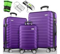 tillvex® Set de 3 Valises de Voyage + Balance, 6 Sangles à Bagages et 3 étiquettes à Bagages | Lot de valises avec roulettes et TSA Lock | Sacs de Voyage à Coque Rigide M-L-XL (Violet)