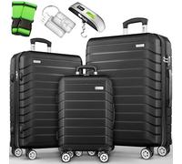 tillvex® Set de 3 Valises de Voyage + Balance, 6 Sangles à Bagages et 3 étiquettes à Bagages | Lot de valises avec roulettes et TSA Lock | Sacs de Voyage à Coque Rigide M-L-XL (Noir)