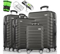 tillvex® Set de 4 Valises de Voyage + Balance, 8 Sangles à Bagages et 4 étiquettes à Bagages | Lot de valises avec roulettes et TSA Lock | Sacs de Voyage à Coque Rigide S-M-L-XL (Gris/Anthracite)