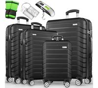 tillvex® Set de 4 Valises de Voyage + Balance, 8 Sangles à Bagages et 4 étiquettes à Bagages | Lot de valises avec roulettes et TSA Lock | Sacs de Voyage à Coque Rigide S-M-L-XL (Noir)