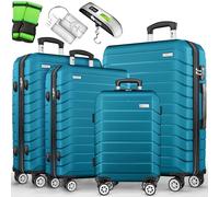tillvex® Set de 4 Valises de Voyage + Balance, 8 Sangles à Bagages et 4 étiquettes à Bagages | Lot de valises avec roulettes et TSA Lock | Sacs de Voyage à Coque Rigide S-M-L-XL (Turquoise)