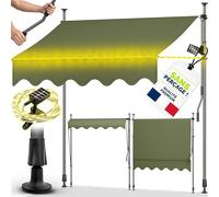 tillvex Store Banne Manuel rétractable avec manivelle pour Le Balcon | Marquise de terrasse sans percement | Marquise Soleil de Balcon auvent téléscopique (Vert Militaire avec LED, 150cm)