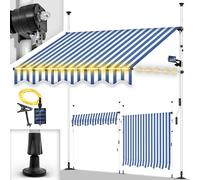 tillvex Store de Balcon 150 cm Bleu/Blanc avec LED avec manivelle pour Balcon - Store de Balcon sans perçage - Résistant aux UV et réglable en Hauteur - Protection Solaire étanche