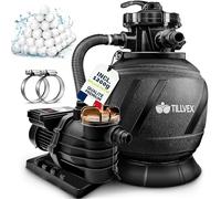 tillvex® Système de Filtre à Sable 13 200L/h jusqu'à 40 000L + 1200g Boules Filtre | 7 Fonctions & Adaptateur 2en1 Ø32-38mm | Filtre piscine & indicateur de pression (AquaBlack, Avec minuterie)