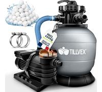 tillvex® Système de Filtre à Sable 13 200L/h jusqu'à 40 000L + 1200g Boules Filtre | 7 Fonctions de Filtration & Adaptateur 2en1 Ø32-38mm | Filtre piscine avec indicateur de pression (Gris)