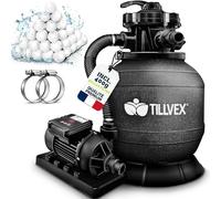 tillvex® Système de Filtre à Sable 7.900L/h + 400g Boules de Filtre | 7 Fonctions & Adaptateur 2en1 Ø32-38mm | Filtre de piscine avec indicateur de pression (Noir avec minuterie)