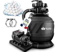tillvex® Système de Filtre à Sable 7.900L/h + 400g Boules de Filtre | 7 Fonctions & Adaptateur 2en1 Ø32-38mm | Filtre de piscine avec indicateur de pression (AquaBlack Pro avec minuterie)
