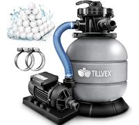 tillvex® Système de Filtre à Sable 7.900L/h + 400g Boules de Filtre | 7 Fonctions de Filtration & Adaptateur 2en1 Ø32-38mm | Filtre de piscine avec indicateur de pression (Gris)
