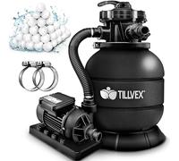 tillvex® Système de Filtre à Sable 7.900L/h + 400g Boules de Filtre | 7 Fonctions de Filtration & Adaptateur 2en1 Ø32-38mm | Filtre de piscine avec indicateur de pression (Noir)