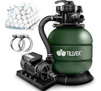tillvex® Système de Filtre à Sable 7.900L/h + 400g Boules de Filtre | 7 Fonctions de Filtration & Adaptateur 2en1 Ø32-38mm | Filtre de piscine avec indicateur de pression (Vert)