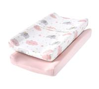 TILLYOU Changing Pad Cover Set, Jersey Knit Ultra Soft Unisex Diaper Change Table Sheets for Baby Boys Girls, Fit 32"/34''x16" Contoured Pad, Comfy Cozy 2-Pack Cradle Sheets, Elephant & Cloud, Pink