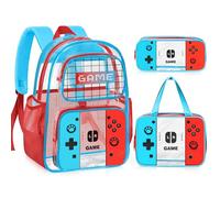 TILYTADLY Sac à dos d'école pour garçons - Sac à dos transparent Gamer Boys pour enfants et adolescents, Ensemble rouge et bleu