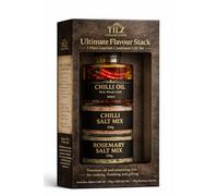 TILZ Ultimate Flavour Stack : Coffret Trio Gourmet - Huile Pimentée Premium, Sel de Mer & Sel au Romarin - Présentation Empilable Élégante - Idée Cadeau Culinaire d’Exception pour Hommes & Femmes