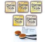 Tim Holtz Ranger Distress Encre à oxyde d'encre, 5 nuances de jaune, paille éparpillée, ambre fossilisée, limonade pressée, graines de moutarde, lin ancien, 5 encres au total, 2 pinceaux à estomper d'encre Carnora, 7 pièces