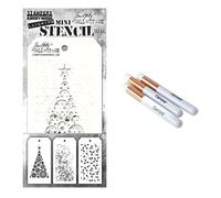 Tim Holtz Stampers Anonymous Lot de 62 mini pochoirs à superposer Motif arbre moderne, petit houx scintillant pour pochoir peinture, 3 mini pinceaux Carnora