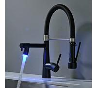 TIMACO Robinet de cuisine à LED, douchette extensible avec blocage, pivotant à 360°, jet rétractable, haute pression, noir