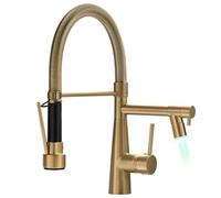 TIMACO Robinet de cuisine à LED, douchette extensible avec blocage, pivotant à 360°, jet rétractable, haute pression, doré brossé