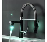 TIMACO Robinet de cuisine à LED, nickel brossé et noir, douchette extensible avec blocage, pivotant à 360°, mitigeur et jet rétractable, haute pression