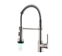 TIMACO Robinet de cuisine LED avec ressort hélicoïdal, robinet de cuisine pivotant à 360°, douchette extensible, haute pression, nickel brossé