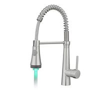 TIMACO Robinet de cuisine LED avec ressort hélicoïdal, robinets d'évier pivotants à 360°, robinet de cuisine et douchette extensibles, haute pression, nickel brossé