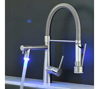 TIMACO Robinet de cuisine LED doré, avec ressort spirale, pivotant à 360°, avec deux becs, robinet de cuisine et douchette extensible, haute pression, nickel brossé