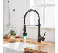 TIMACO Robinet de cuisine LED noir avec ressort hélicoïdal, robinet de cuisine pivotant à 360°, douchette extensible - Haute pression
