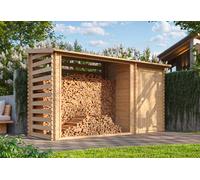Timbela Abri bûches + remise fermée en bois brut 3,5 x 1,3 m - H. 2 m - M205