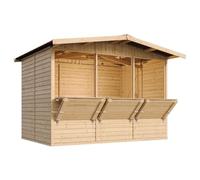 TIMBELA M150A Maison de Jardin en Bois, Étal de marché en Bois, Grand Stand de Vendeur avec comptoir, Trois FENÊTRES, H232x336x263 cm/6m2, Facile à Monter et à démonter, Bar Jardin