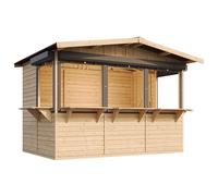 TIMBELA Abri de Jardin en Bois M150BZ - Kiosque Bois - Stand Marché avec 5 Fenêtres + Volets roulants, L336xP263xH232 cm / 6 m², Facile à Monter et à Démonter, Bar Jardin