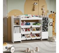 TimberAura Bibliothèque pour Enfants, Meuble de Rangement pour Enfants avec Tableau d'écriture, Coffre a Jouet Enfant, 8 boîtes Amovibles et 2 armoires, Espace de Rangement Ouvert Multicouche, Blanc