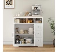 TimberAura Meuble de Cuisine, Buffet, Rangement Cuisine, 3 tiroirs et 2 Portes, Bahut de Salle a Manger, Blanc, Style scandinave
