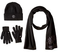 Timberland Ensemble Cadeau écharpe Double Couche, Bonnet à Revers et Gants Magiques d'accessoires d'hiver, Noir, Taille Unique Homme
